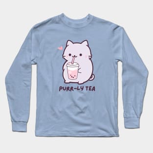 Purr-ly Tea - Funny Boba Cat Milk Tea - Purple - Strawberry Bubble Tea Long Sleeve T-Shirt